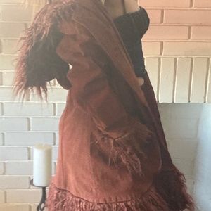 Vintage Fall Rust Coat Jacket Button Suede Leather Fur Fuzz Hooded Small Medium